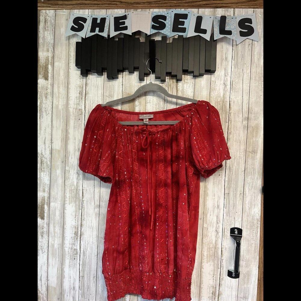 Dress Barn Shirt 1X Top Blouse Red Tie Dye Short Sleeve Sequin‎ Embroidered